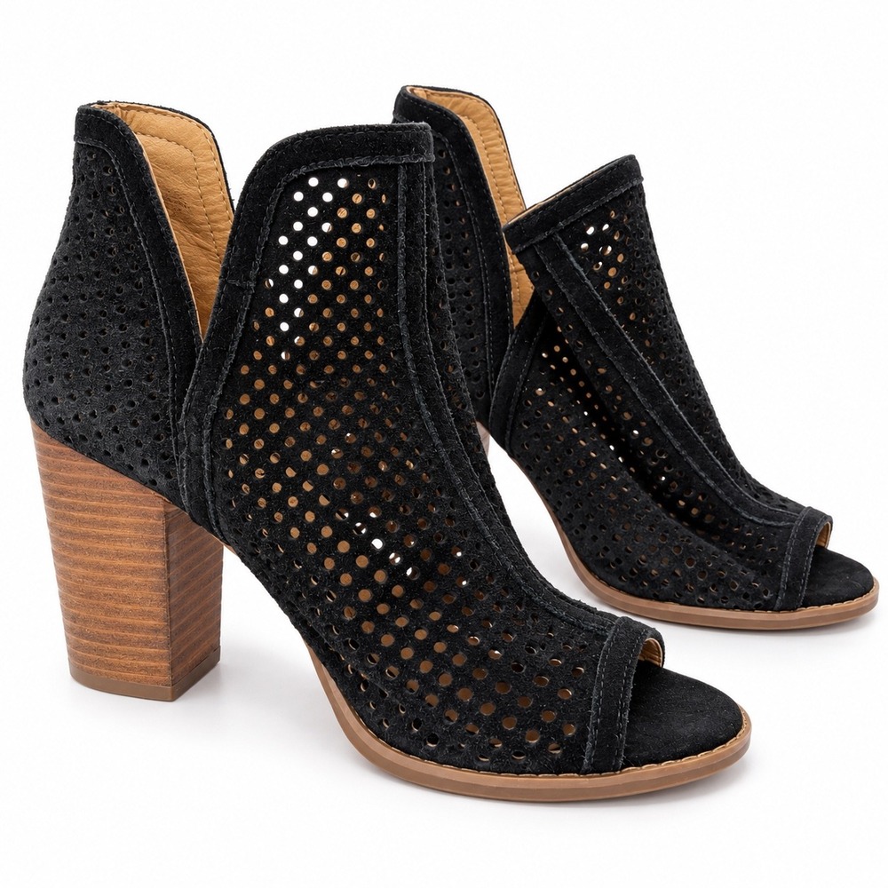 Lucky Brand Larise Booties Womens 7 Black Perforated Suede Peep Toe Cutout Heel